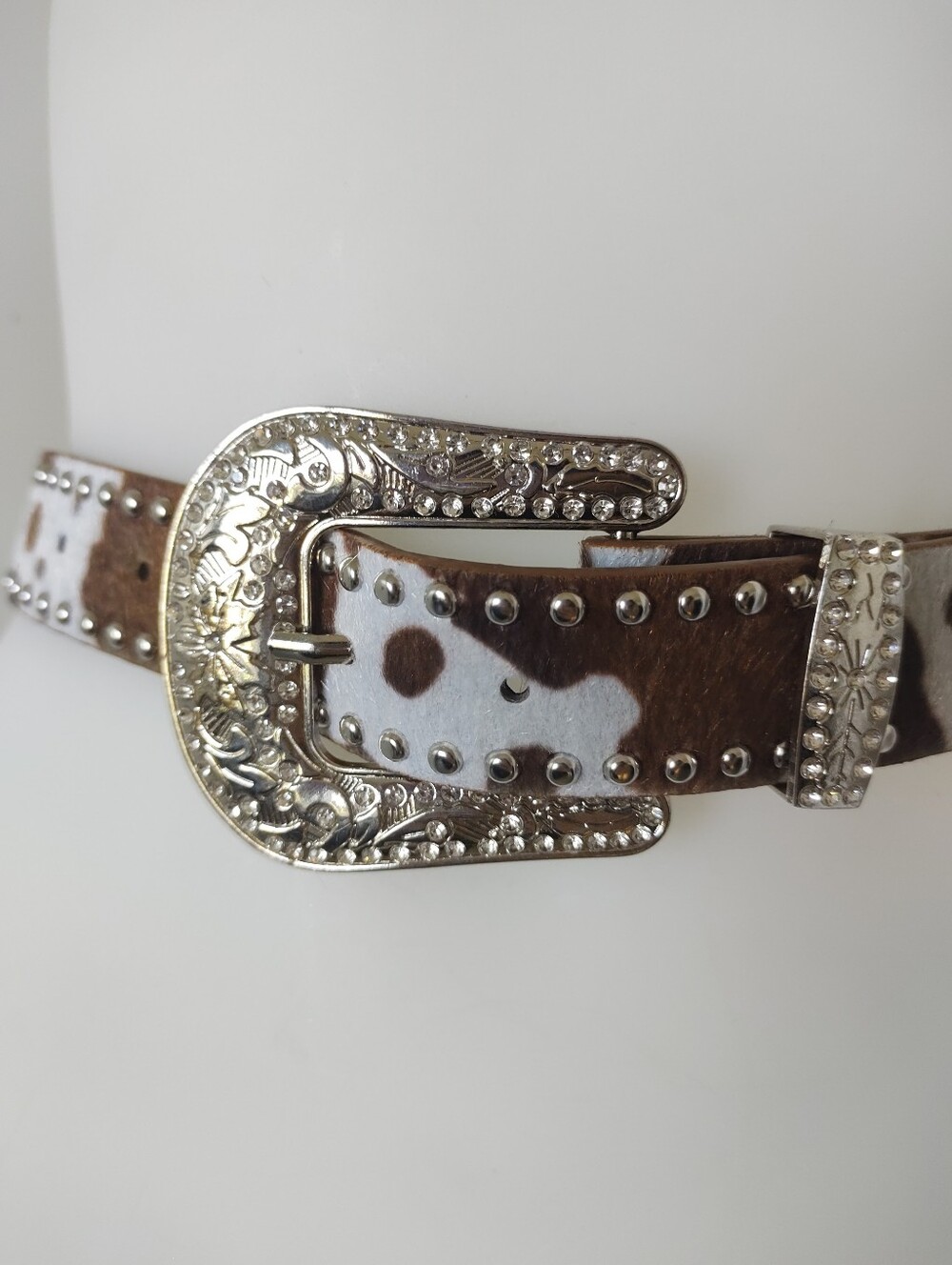 NEW Cowhide Western Silver Buckle Belt - Brown And White - Picture 3 of 10